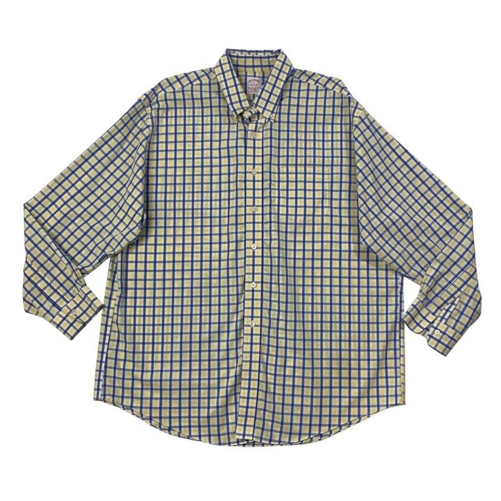 Brooks Brothers Shirt Mens XL Yellow Blue Cotton Plaid Non Iron Window Pane